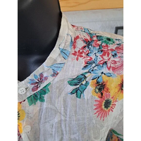 F.K. Italy Linen Floral Button-Up Blouse Mandarin Collar Floral Women XL Summer - Picture 2 of 9